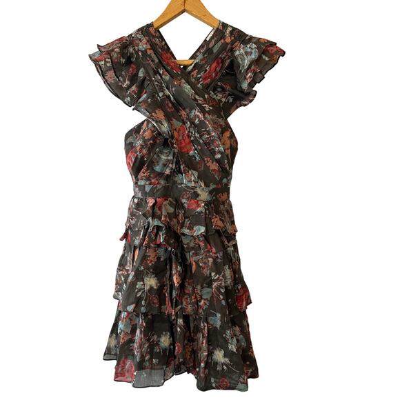 Ulla Johnson Sarafina Silk Blend Floral Print Ruffle Mini Dress in Fern Size 0 - Picture 3 of 9